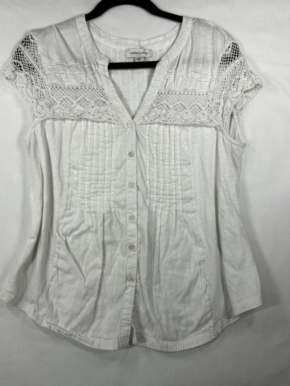 Vintage X America White Lace Crochet Top Large Pleated Button Down Boho Blouse